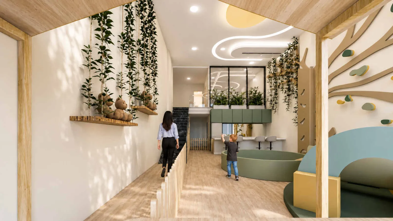 Espace de circulation intérieur avec végétation et mobilier