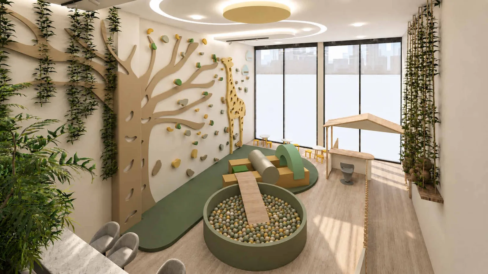 Espace moteur végétalisé avec mur d’escalade et modules