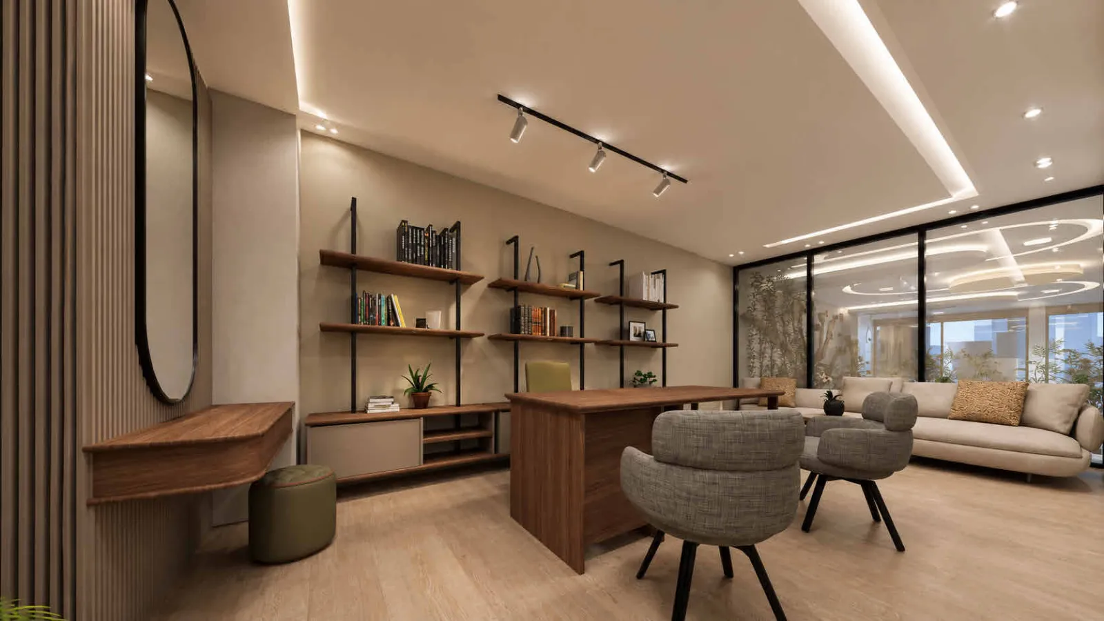 Bureau chaleureux avec fauteuils et bibliothèque au centre CAP ÉVEIL