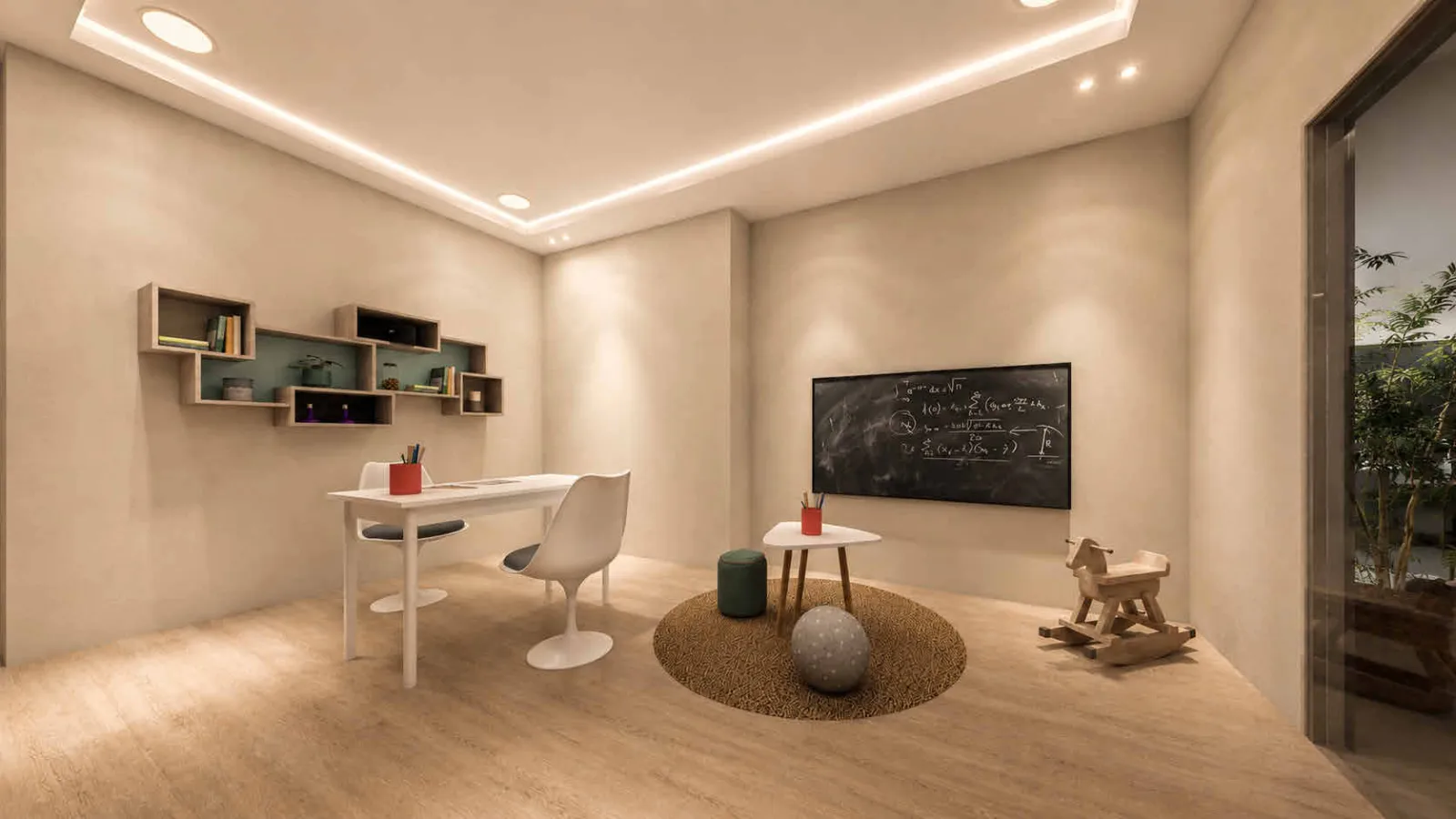 Cabinet d’accompagnement avec table, tableau et espace au sol