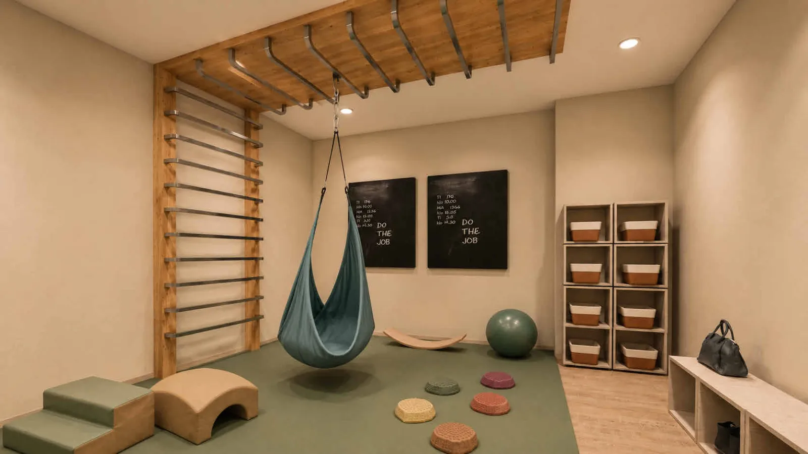 Salle de psychomotricité avec agrès, balançoire et modules