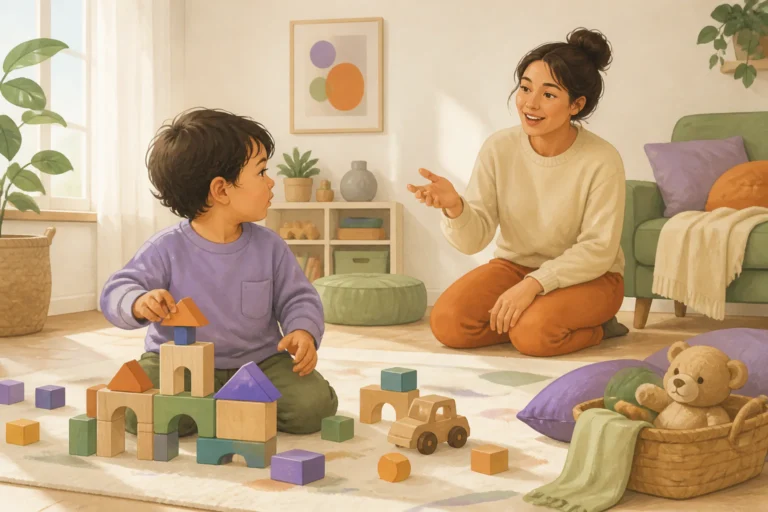 Un enfant se tourne vers son parent qui l’appelle pendant un jeu de construction