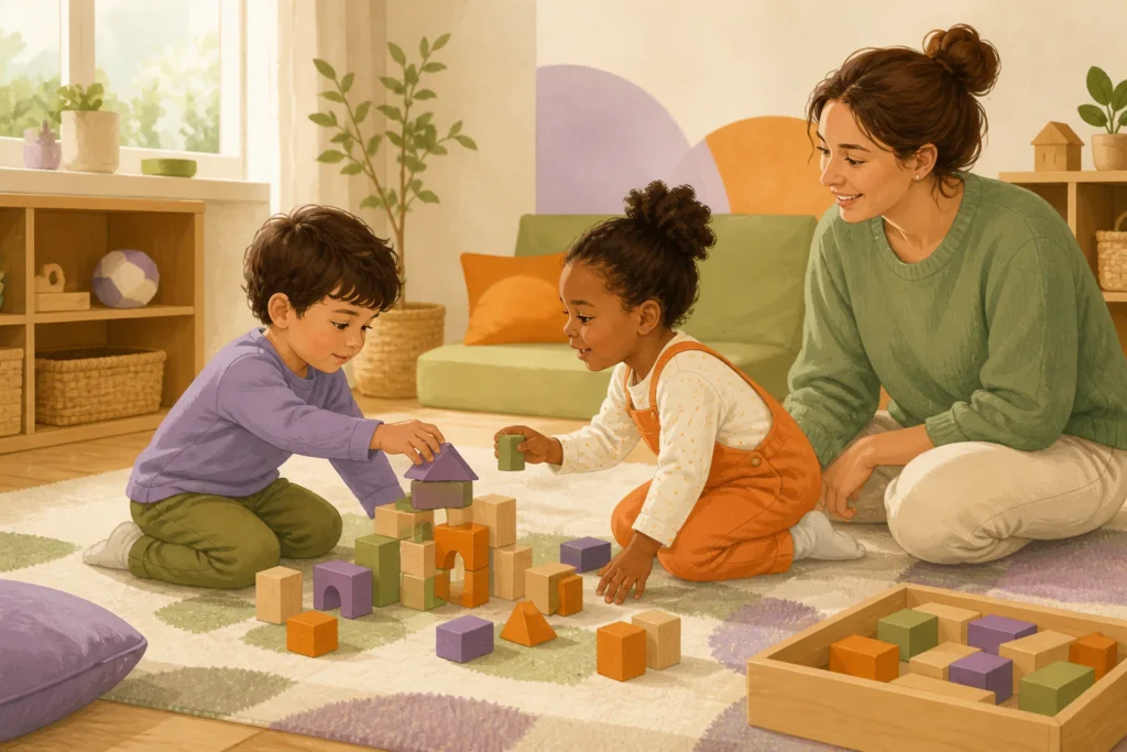 Deux enfants construisent ensemble avec des blocs colorés