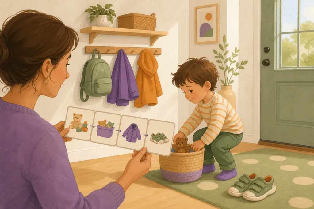 Un adulte prépare une transition avec un enfant à l’aide de supports visuels