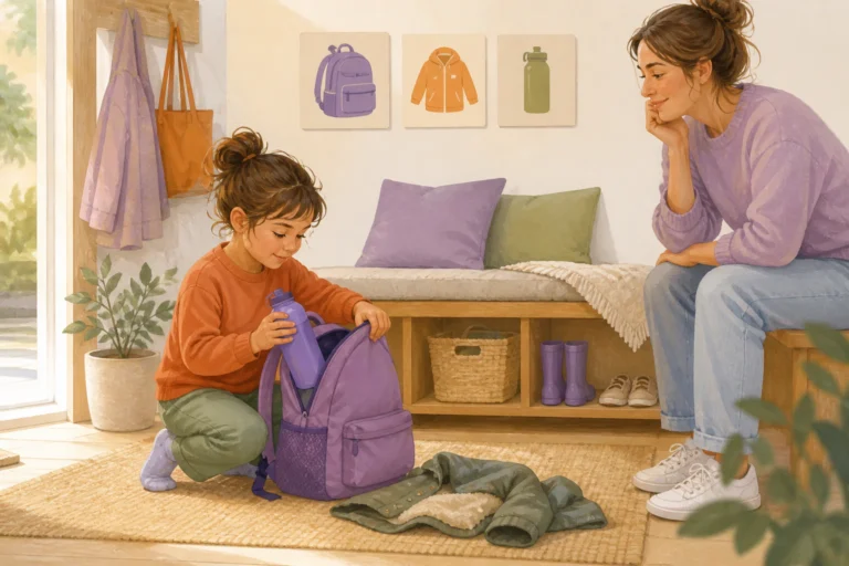 Un enfant prépare seul son sac avec des repères visuels