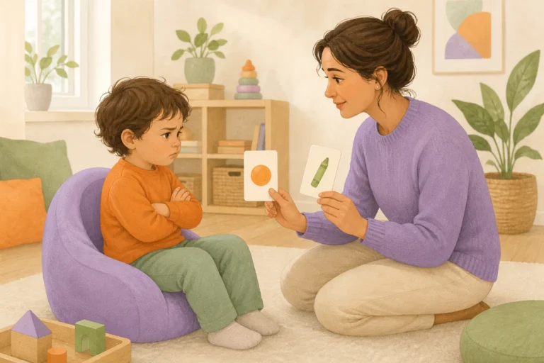 Un adulte accompagne calmement un enfant frustré avec des cartes de choix