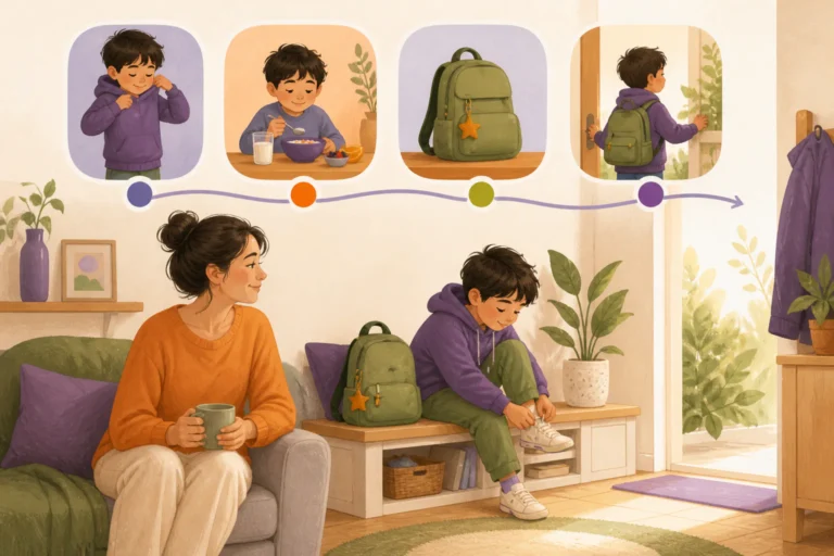 Un enfant suit les étapes illustrées de sa routine du matin