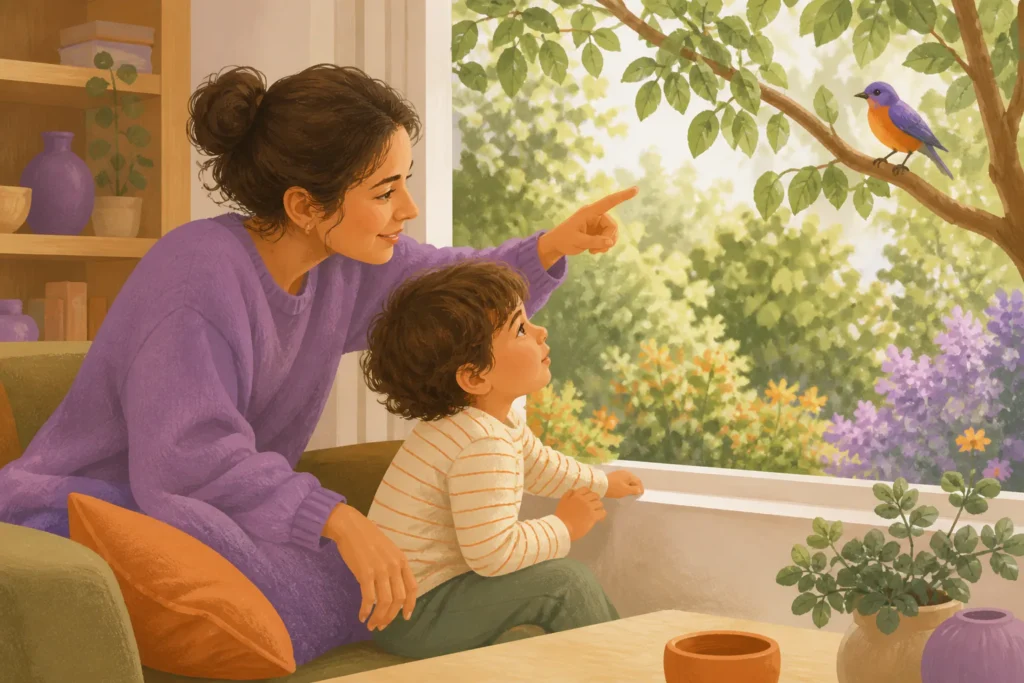 Un parent et son enfant regardent ensemble un oiseau dans le jardin