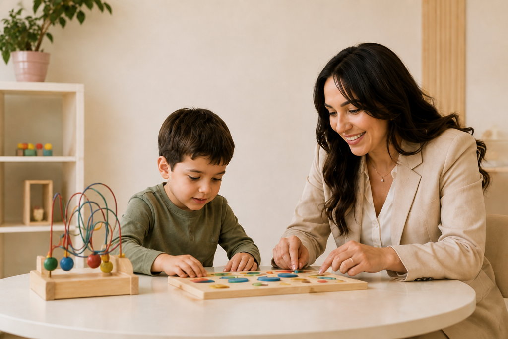 Professionnelle accompagnant un enfant dans une activité structurée