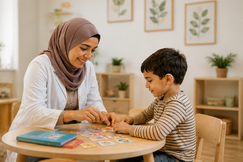 Enfant accompagné pour communiquer dans une activité quotidienne