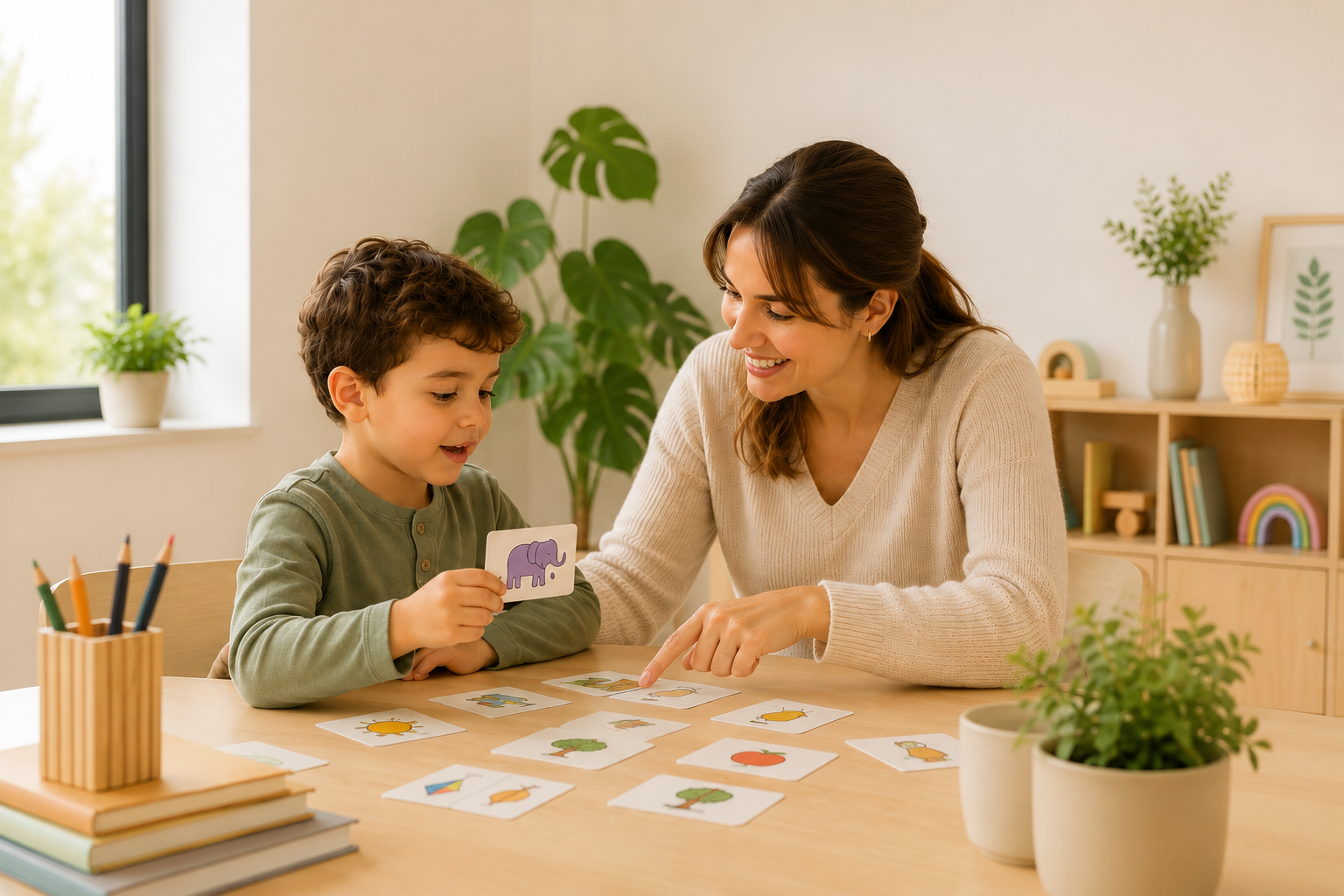 Professionnelle accompagnant un enfant dans une activité de communication
